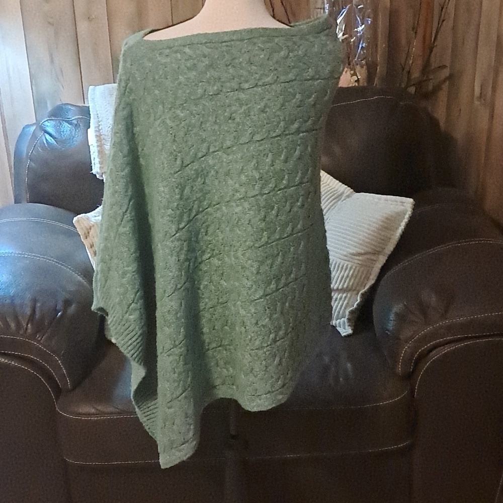 J Jill Women Poncho Bohemian Peasant Asymmetrical Knit Sweater Cape Wrap Green - Picture 7 of 9